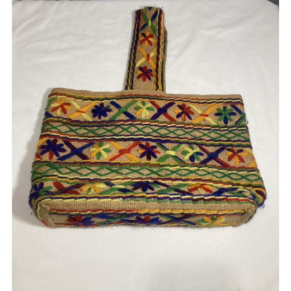 Vtg Handmade Market Bag Purse Colorful Yarn And Burlap Lined With Vintage Fabric